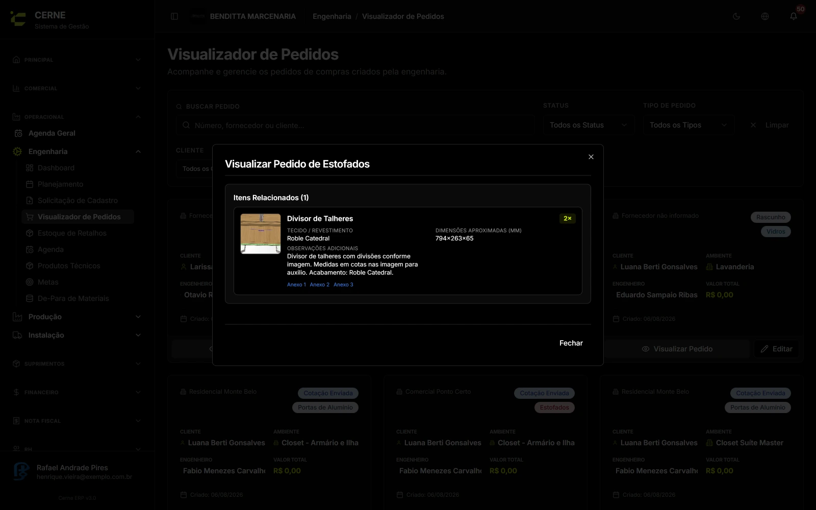 Pedido de serralheria do Cerne, com especificações técnicas por item